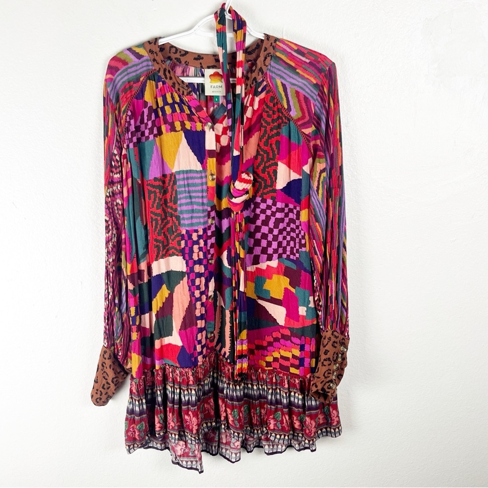 FARM RIO Long Sleeves Mixed Abstract Patches Button Front Mini Dress Small Boho